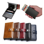 Gul- RFID Skydd Plånbok Korthållare 5st Kort (Äkta Läder)-med Knapp