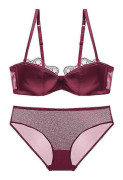 Fransk spets 1/2 tunn kupa sexig bh-set dam sömlösa underkläder push up behå andningsbara mesh trosor set plus size underkläder burgundy 70D