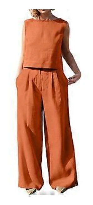 Ledig Vardagsdräkt Dam Sommar Stor Storlek Ärmlös Skjorta Lösa Byxor Set Åldersreducerande Slimmad Tvådelad Träningsdräkt Orange S(S Orange)