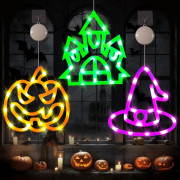 Halloween Dekorationer Ljus, 3 st Halloween Ljus Halloween Fönsterdekorationer, Orange Pumpa, Lila Häxhatt, Grönt Hus Ljus, Halloween