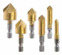 6 st 1/4'' försänkare borrset, sexkantigt skaft HSS 5 flöjt 90 graders avgradningsverktyg centerpunchverktyg, byt bit 6/8/9/12/16/19mm för trä