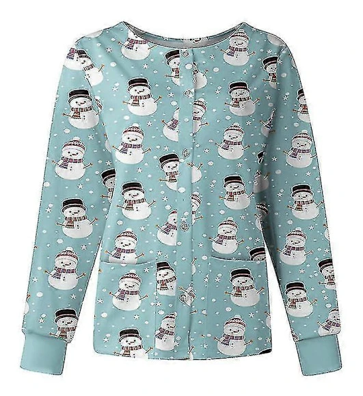Julskrubbtröja för damer, snöflingetryckt arbets-t-shirt, knäppning, sjuksköterskeuniform 3XL Light Blue