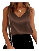 Dam silke satin tank toppar V-ringning casual camisole ärmlös camisole blusar Dark Brown XL