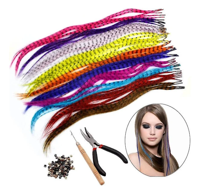 Syntetiska hårförlängningskit med 52 syntetiska stick-tip hårförlängningar i olika färger, 100 pärlor, tång och krok (ljusa och vackra blandade färger)
