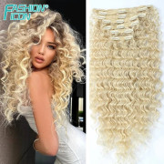 Syntetisk djupvågsklämma i hårförlängningar 7st/set 140g Ombre Blont falskt hår Helhuvud Hårstycke Lockigt Clip Ins Hår 24tum