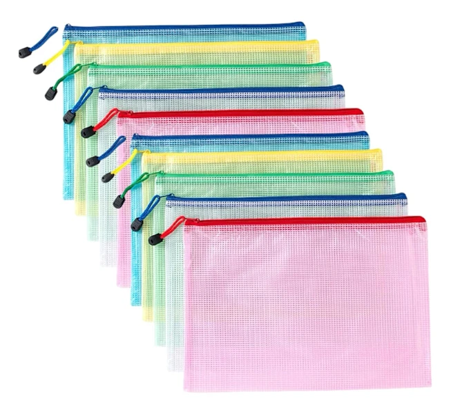 Fileringsväska med dragkedja, A4-storlek, transparent, i fem färger, lämplig för små föremål, kosmetika, resetillbehör, etc. (10 stycken per förpackning)