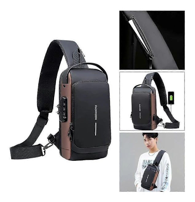 Crossbody-väska för män, axelväska med stöldskyddslås, bröstväska med USB-port, 100% ny