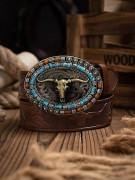 Western Cowboy PU Läderbälte - Midjerem för män, Tjurdekoration, Floral Gravering för Jeansbälten (FMY) Dark brown 120cm