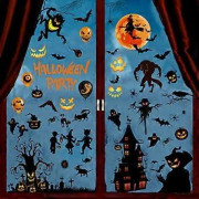 SZTXJ Halloween Fönsterdekorationer Läskiga Gel Svart 9 Ark Stora Dekorationer Klistermärken Dekaler Dubbelsidiga Spöke Skelett Änka Återanvändbara för
