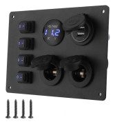 Vattentät 4-gängs vippbrytarpanel med dubbla USB-portar, spänningsdisplay, 12V-uttag för bil, båt och husbilar