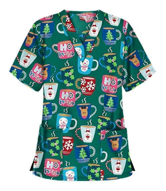 Jul Kvinnor Amning Uniform Skrubb Kortärmad T-shirt Jul Blus Tee Toppar Cup Green 2XL