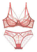 Blommig spetsbehå och trosor, andningsbar push-up utan foder behå och genomskinliga trosor underklädesset, damunderkläder Pink 75D