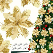 25 st Julblommor, guld konstgjorda blommor med klämma och blomstjälk