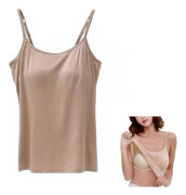 2-i-1 Dam Basic Sömlös Camisole Enfärgad Spaghettiband Slim Fit Bomull, Justerbara Spaghettiband Linne med Inbyggd BH Khaki L