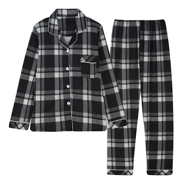Mjukt Silke Långärmad Dam Plaid Skjorta Pyjamas Black M