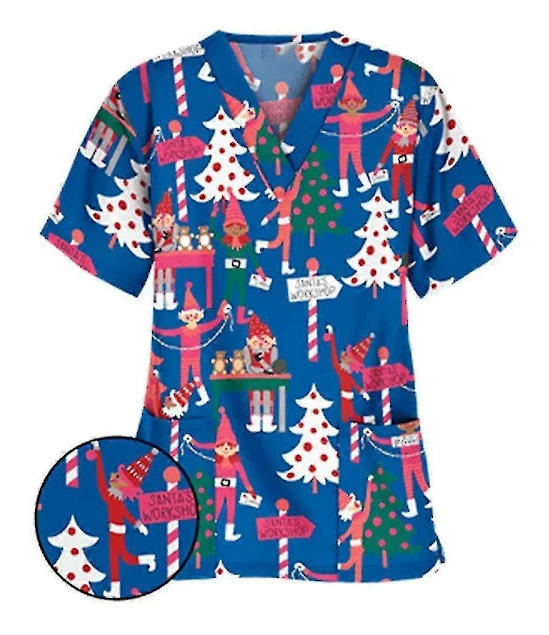 Jul Kvinnor Amning Uniform Skrubb Kortärmad T-shirt Jul Blus Tee Toppar Xmas Tree Blue XL