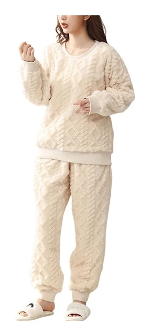 HAUFR Dam Fluffy Fleece Pyjamas Set 2 delar Varm Fleece Pyjamas Set Mjuka nattkläder Långärmade Crewneck fickor Byxor Y Apricot X-Small