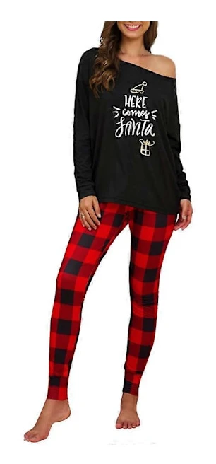 Dam Lounge Set En Axel Långärmad Julmönster Rutiga Byxor Pyjamas Set för Vardagslivet Svart L
