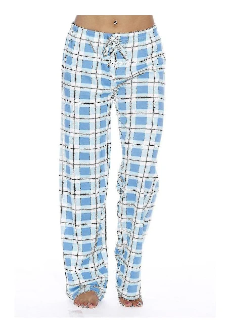 Pyjamasbyxor för kvinnor med fickor, mjuka flanellrutiga pyjamasbyxor för kvinnor (L, blå)