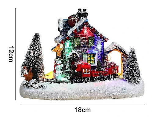 Julbyhus med Santa Claus, Snögubbe, Tåg och Snöscen - LED-belyst Juldekoration i Resin