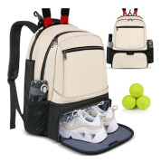 Tennisryggsäck med stor kapacitet, rymmer 2 racketar med skofack, beige