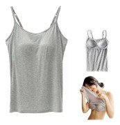 2-i-1 Dam Basic Sömlös Camisole Enfärgad Spaghettiband Slim Fit Bomull, Justerbara Spaghettiband Linne med Inbyggd BH Grey L