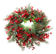 14-tums konstgjord julblomsterkrans, julblomsterkrans med tallbarr och röda bär, julgransfest hemvägg ytterdörr massa blomma