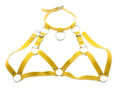 Fashion Punk Cupless BH Topp Läder Sele Bälte Kropps Bondage Bröstband Svart Nitar Croppad Topp Bröstband Yellow One size