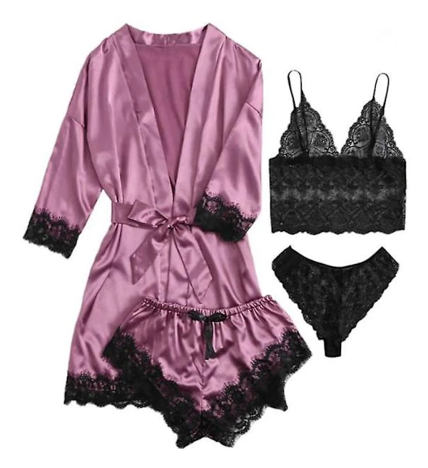 Dam 4-delad pyjamas satin pyjamas set med morgonrock Purple L
