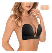 Plunge Strapless Sticky Push Up BH Slitlös Limmad Osynlig, Med Bröstvårtsskydd Black X-Large