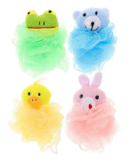 Badluffa Set 4 st Tecknad Djur Mjuk Mesh Duschpuff med Hängsnöre för Skonsam Exfoliering[HK]
