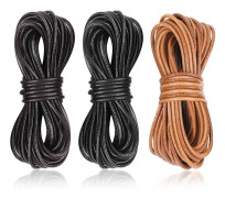 3 rullar 5m x 2mm lädersnören, rund lädersnöre av kohud för smyckestillverkning, svart, mörkbrun, naturligt brunt lädersnöre för halsband
