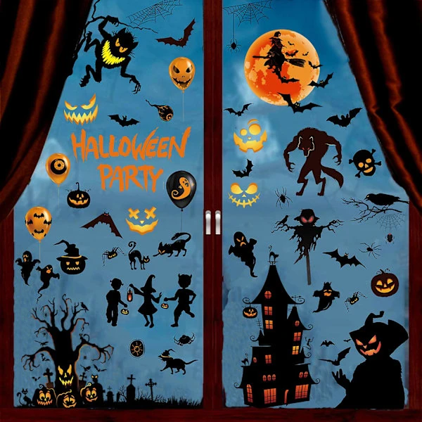 72 st 9 Halloween-fönsterdekaler, Halloween-pumpa-spöke-fladdermus-fönsterdekaler för Halloween-fönsterdekorationer