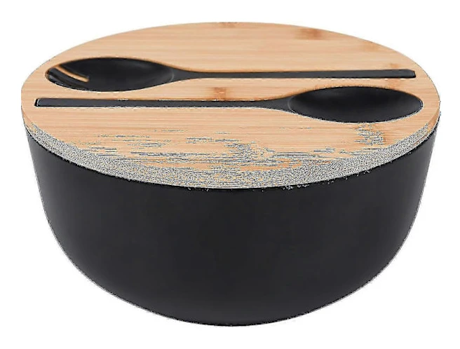 Bambufibersalladsskål med serveringsset - Stor 25 cm blandningsskål i massiv bambu, träskål med bambulock och sked för frukt, sallader och annat