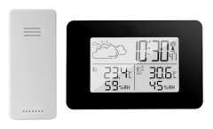Bakgrundsbelyst digital termometer hygrometer för inom- och utomhusbruk med väderprognos, klocka och alarmfunktion