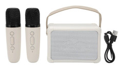 Mini Karaoke Maskin HiFi Dynamiskt Ljus Portabel Bluetooth Högtalare med 2 Trådlösa Mikrofoner för Barn Vuxna Beige