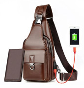 Mäns USB-bröstväska Anti-stöld Sport Slungväska Med USB-laddning Vattentät Chest Bag And Wallet Brown With USB Port