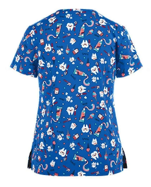 Jul Kvinnor Amning Uniform Skrubb Kortärmad T-shirt Jul Blus Tee Toppar Tooth Print Blue L
