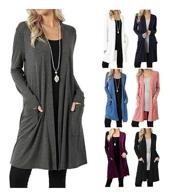 Dam långärmad slouchy cardigan öppen framtill draperad med fickor medellång+ Grey XL