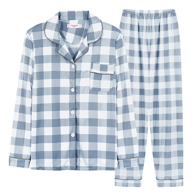 Mjukt Silke Långärmad Dam Plaid Skjorta Pyjamas Blue M