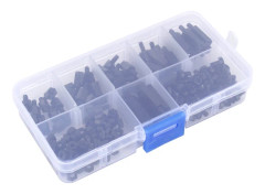 180 st svart nylon M3 sexkantskolumn hane hona avståndsbricka skruvmutter kit box