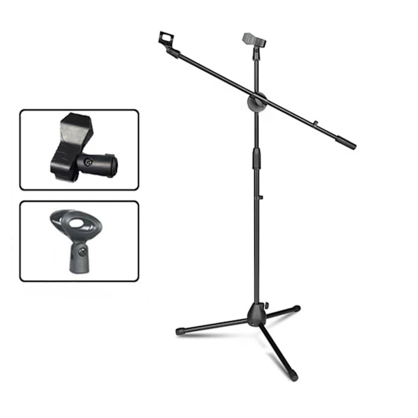 Justerbart Mikrofonstativ, Golvtripod med Klämma för Sång, Scenframträdande, Dubbla Mikrofonklämmor