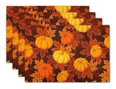4 Höstlöv Pumpa Linne Bordstablett Tvättbar Halkfri Värmebeständig 30x45 cm Tjocka Bordstabletter Dekorativ Bordsmatta i Tyg för Matbord