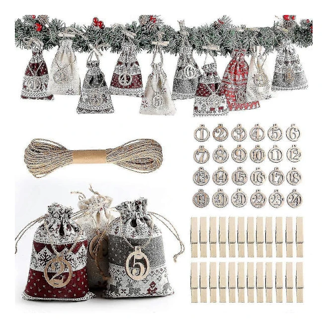24 Adventskalendrar, Julklappspåse, Presentpåsar Dragkedjepåsar för Jul med Nummerlappar Walkbee