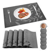 Svart Underlägg Set om 6, Tvättsbara Underlägg, Underlägg och Kunder, Halksäkra Värmebeständiga Vävda Vinylmattor för Matbord