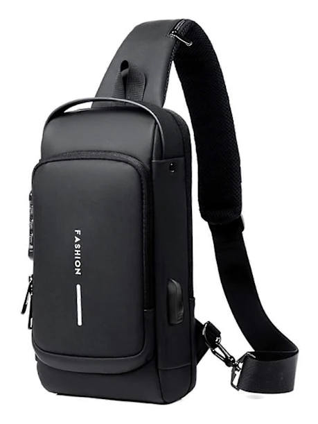 USB-laddning Sport Sling Bag Herr Stöldskydd Bröstväska Med Lösenordslås hög kvalitet Black