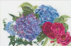 Thea Gouverneur Counted Cross Stitch Kit - Hortensia och ros - Linne - 32 Count - För vuxna - 442