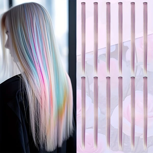 [Fester, Fotograferingar] 12 st Regnbågs Clip-In Hårförlängningar - Livfulla Pastellfärger (Rosa, Grön, Gul, Lila, Orange, Röd, Brun) - (FMY) Colored-1 22inch