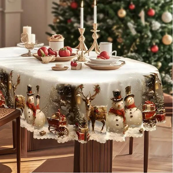 1 Vintage Julbordsduk - Röda och Gröna Juldekorationer - Vintage Snögubbe, Ren, Julgran Vinterscen Mönster #1