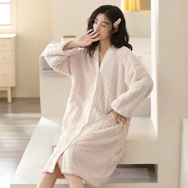 Benvit ribbad morgonrock set sammet pyjamas dam långärmad plus sammet tecknad korall sammet pyjamas Off-white rib XL